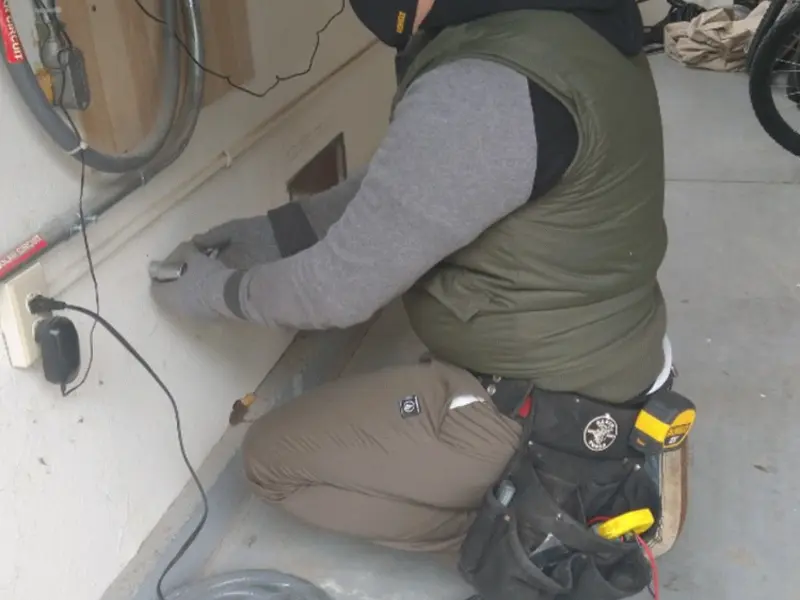 Electrician performing outlet wiring in a Clute garage